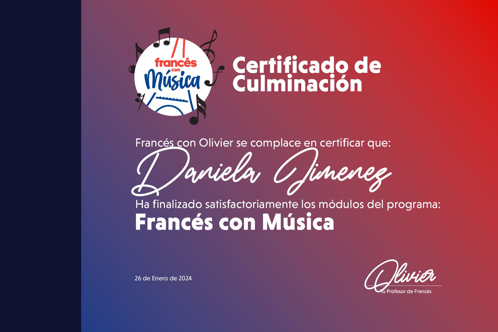 Certificado culminación curso de Francés con Música