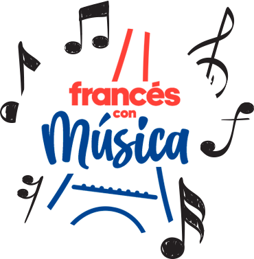 Logotipo del curso Francés con Música, incluye el texto 'Francés con Música' con notas musicales a los lados.