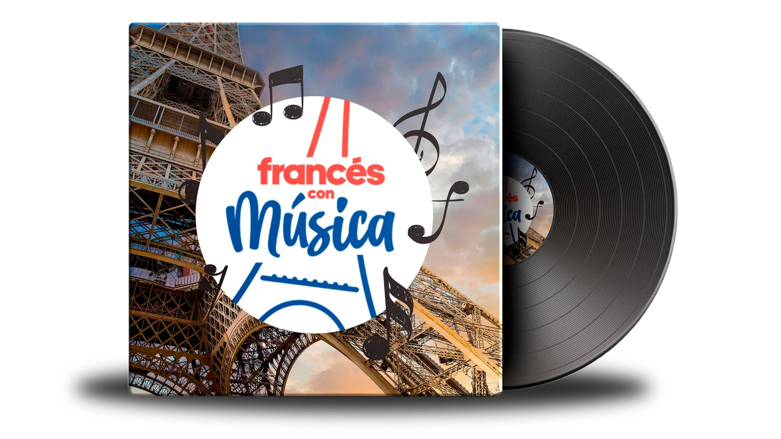 Imagen de vinilo con su empaque donde se ve la Torre Eiffel y el logo de Francés con Música.